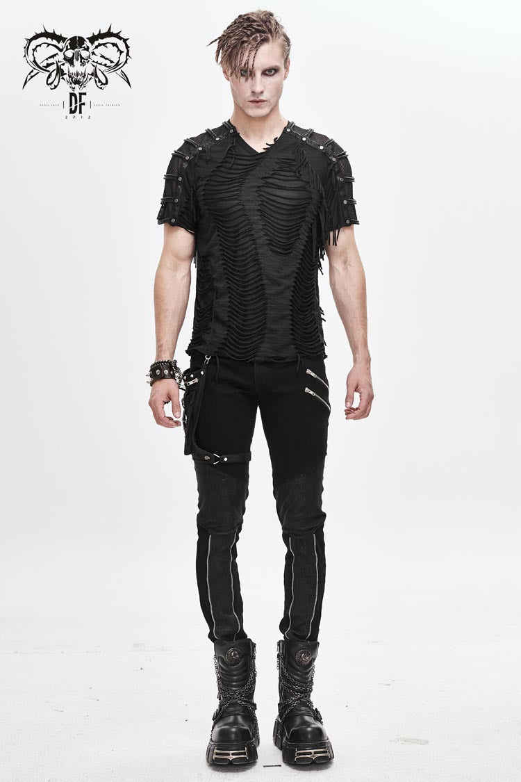 Punk T-Shirt with Tattered Stripes and Mesh Sleeves