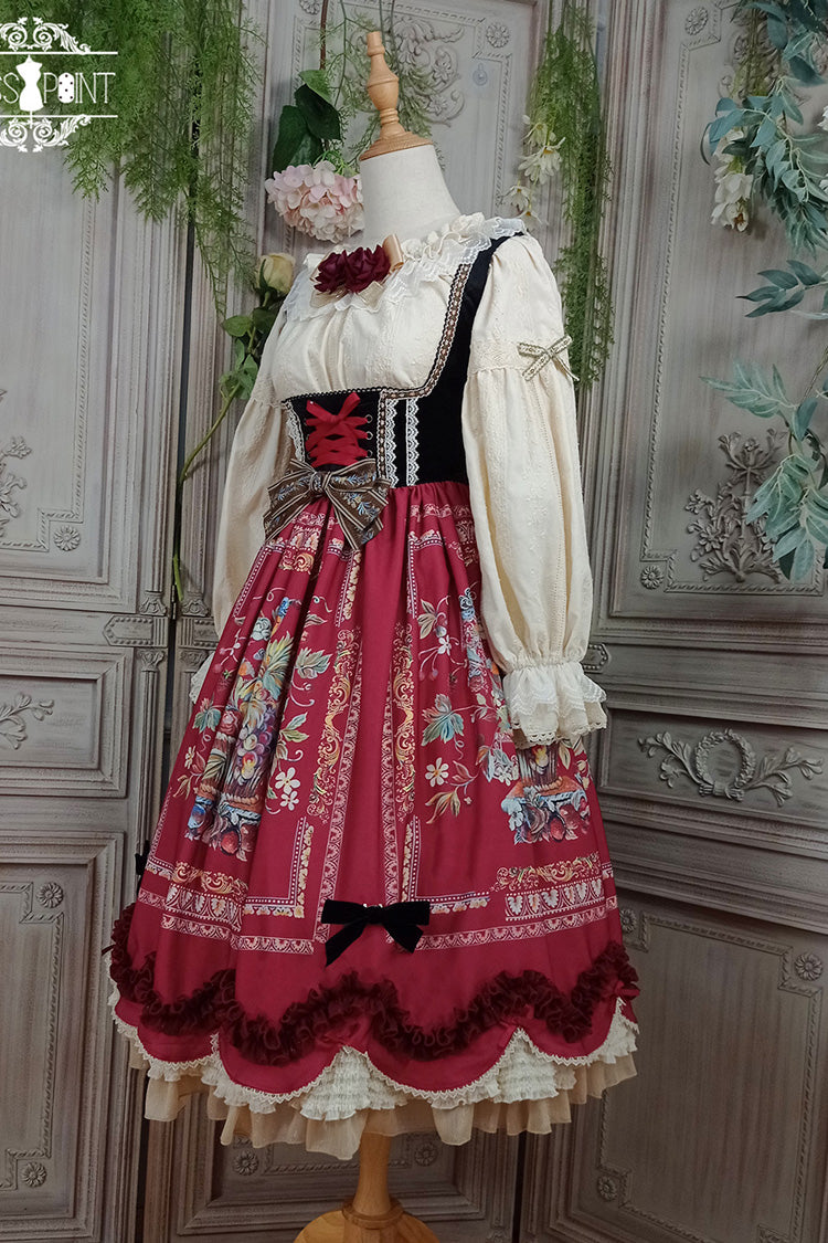 Burgundy Berries and Birds Print Ruffle Bow Velvet Classic Lolita Corset JSK Dress