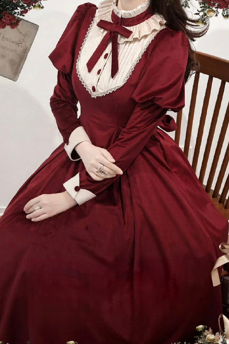 Burgundy High Collar Long Sleeve Ruffled Bow Classic Lolita Gown