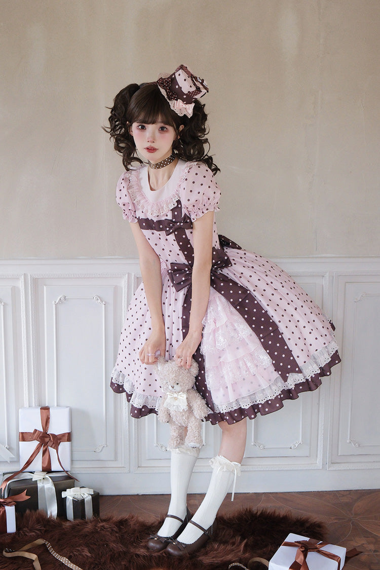Canelé Gift Box Round Collar Short-Sleeve Polka Dot Ruffle Open Bow Asymmetric Lolita Dress