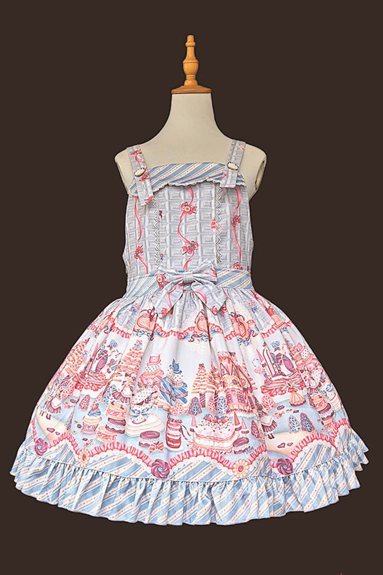 Square Collar Printed Strap Dress with Ruffles and Bow - Candy House