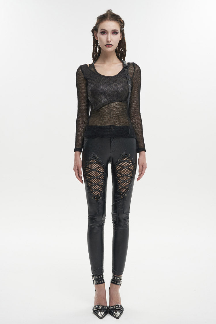 Asymmetric Wrap Punk Tee with Shoulder Loop for Women - Noir