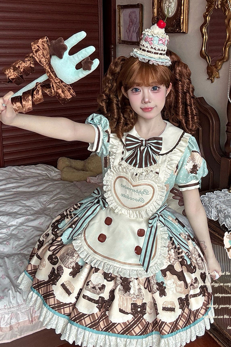 Sweet Lolita Dress with Chocolate Cake Bear Print and Lace-Up