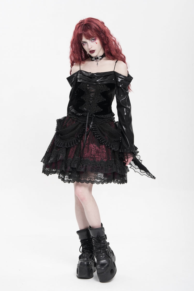 Crimson & Noir Multi-Layer Ruffled Buckle Strap Gothic Skirt
