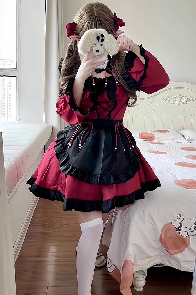 Crimson & Noir Maid Long Sleeve Ruffled Bow Gothic Lolita Full Outfit
