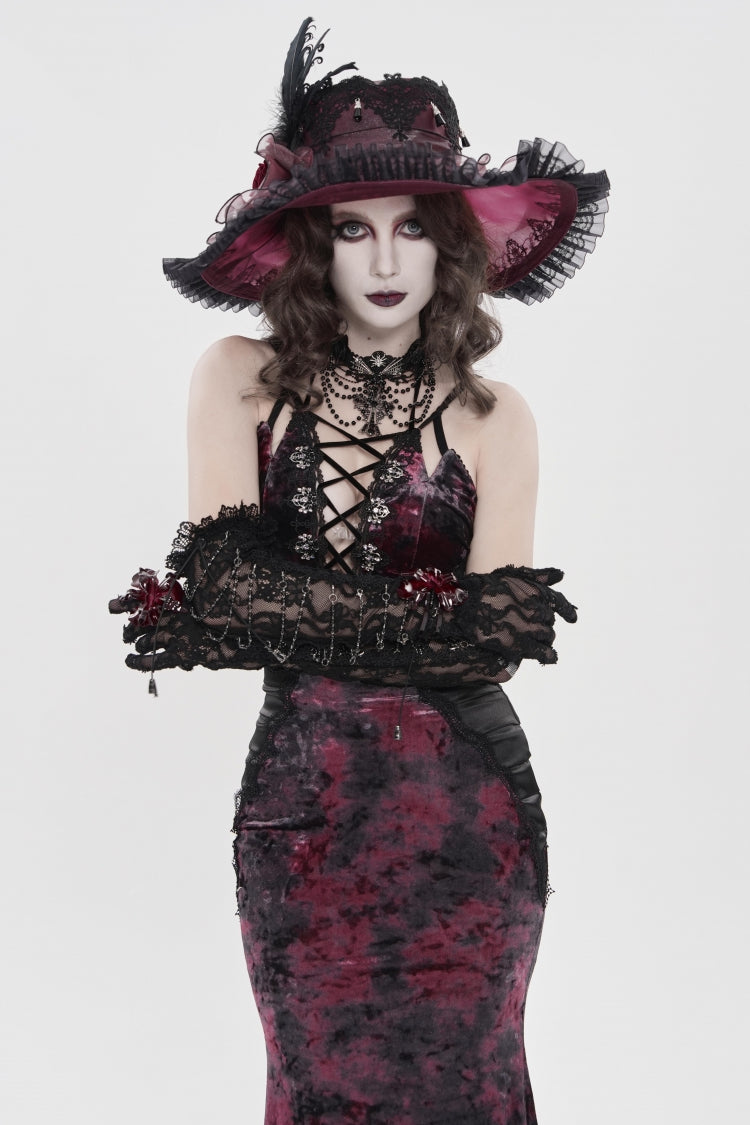 Crimson & Noir Halter Neck Printed Hanayome Lace-Up Fitted Pleated Gothic JSK Dress