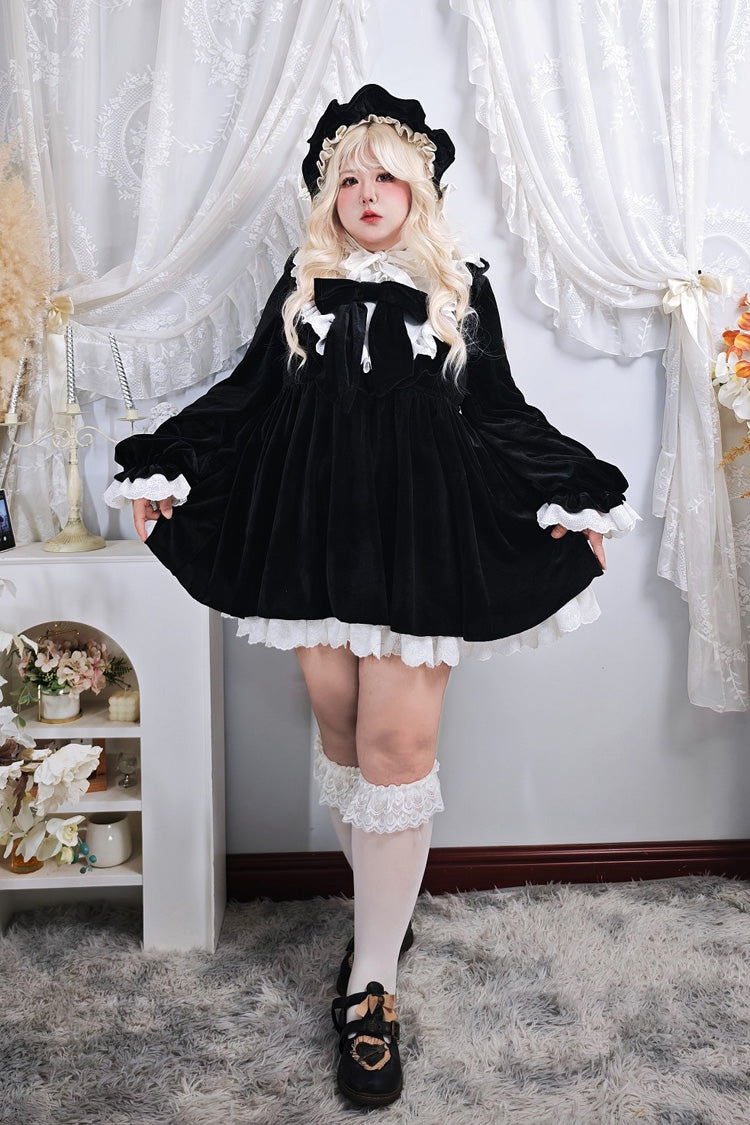 Stand Collar Ruffled Bow Plus Size Gothic Dress - Antique Velvet Doll