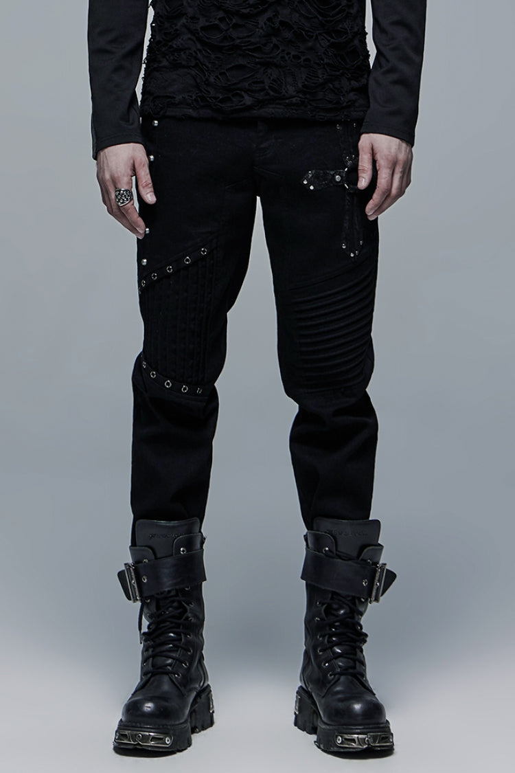 Men's Steampunk Pants with Ripped Details and Cross Decoration
