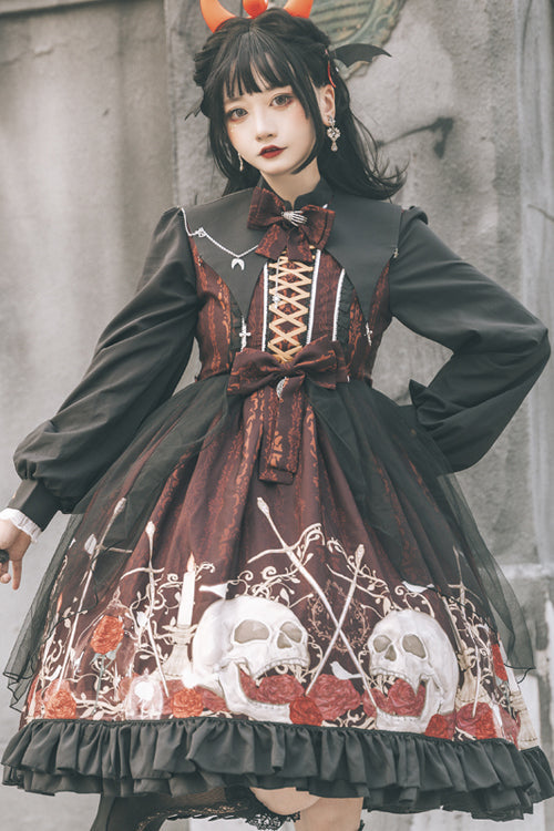 Crimson Noir High-Waist Printed Lolita OP Dress with Lapel Collar