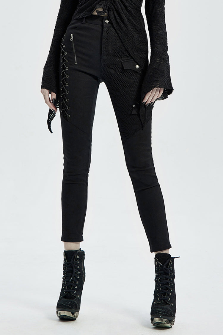 Steampunk Laced Skinny Denim Trousers with Drawstring Accents
