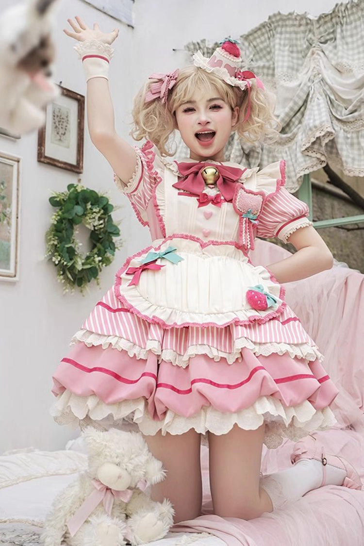 Berry Bubbles Stripe Print Ruffle Bowknot Lace Dress, Sweet Lolita Charm