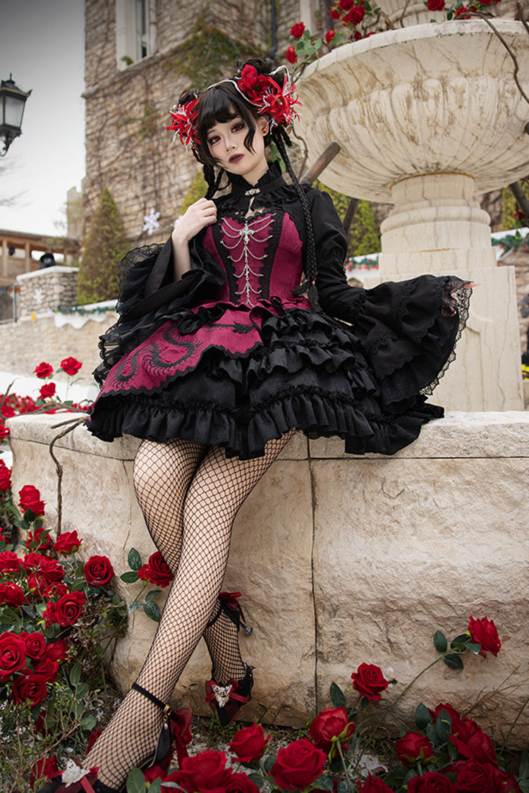 Crimson & Noir Multi-Layer Ruffled Bow Lace Asymmetric Gothic Lolita JSK Dress