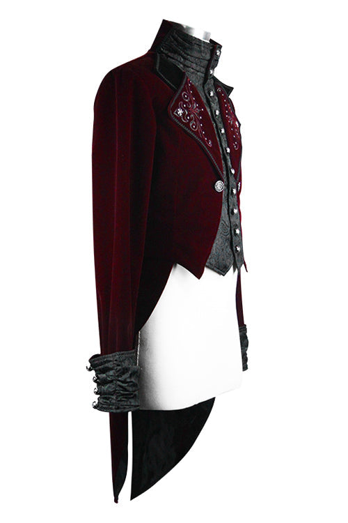 Wine Embroidered Rivet Dovetail Gothic Men's Coat