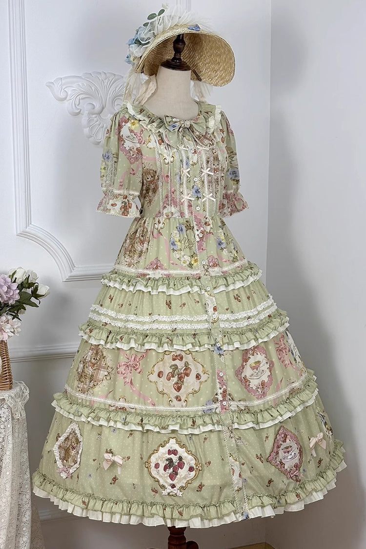 Emerald Cat Rose Tea Short Sleeve Printed Ruffle Cardigan Bow Sweet Lolita Gown