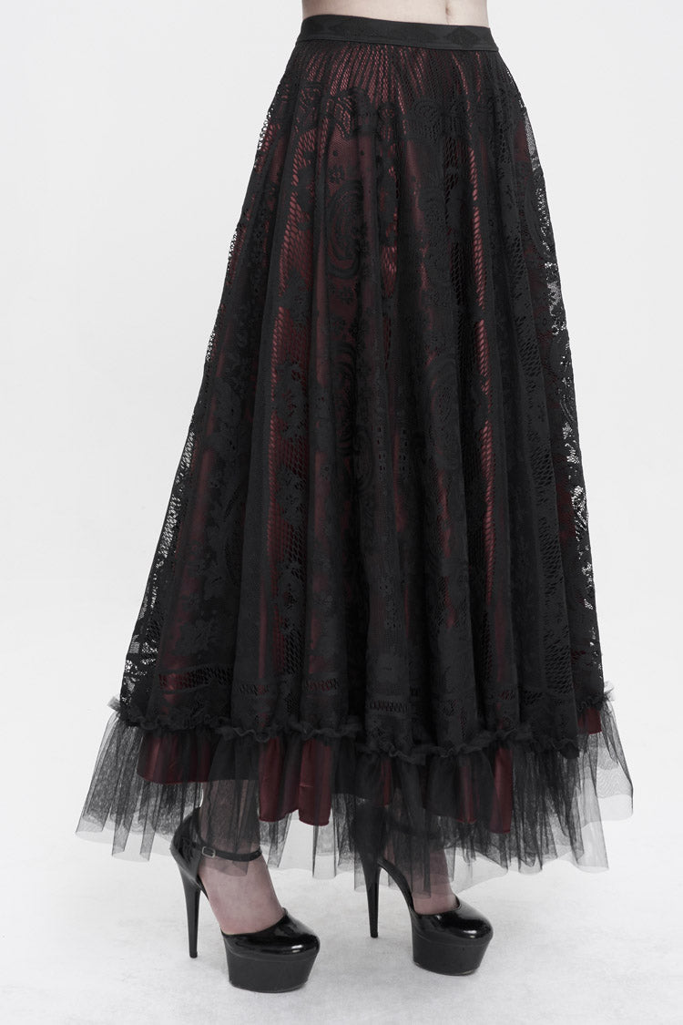 Crimson Noir Lace Flower Mesh Paneled Ruffle Swing Gothic Skirt
