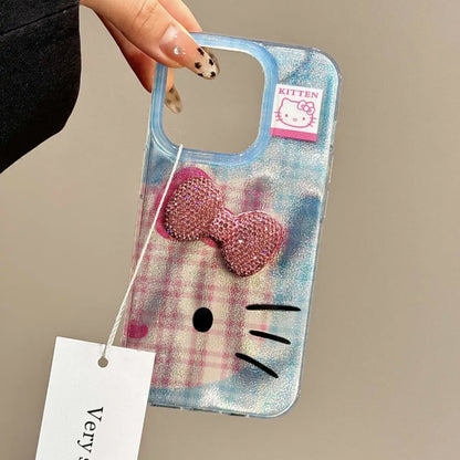 Coque de téléphone à motif de chat à carreaux bleus Kawaii KI673