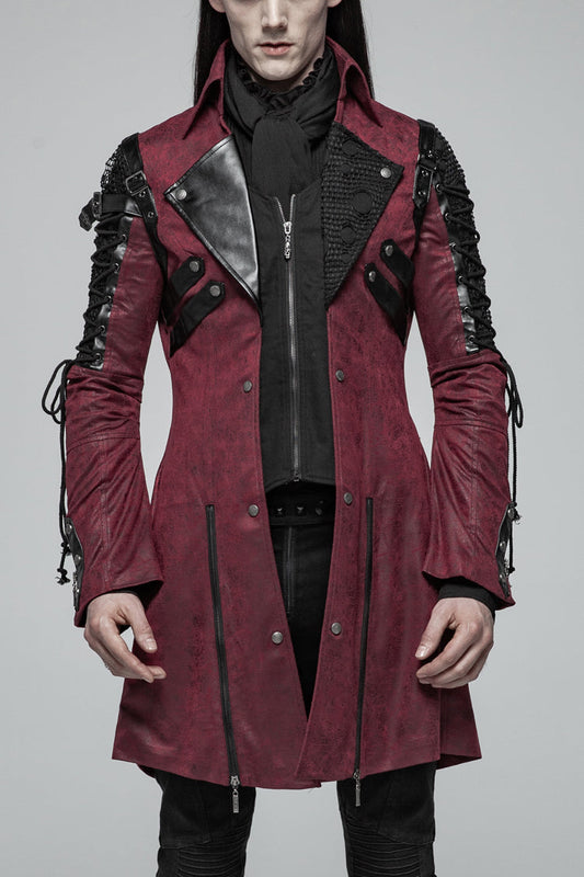 Crimson Steampunk Windbreaker with Metal Buckles and Zipper