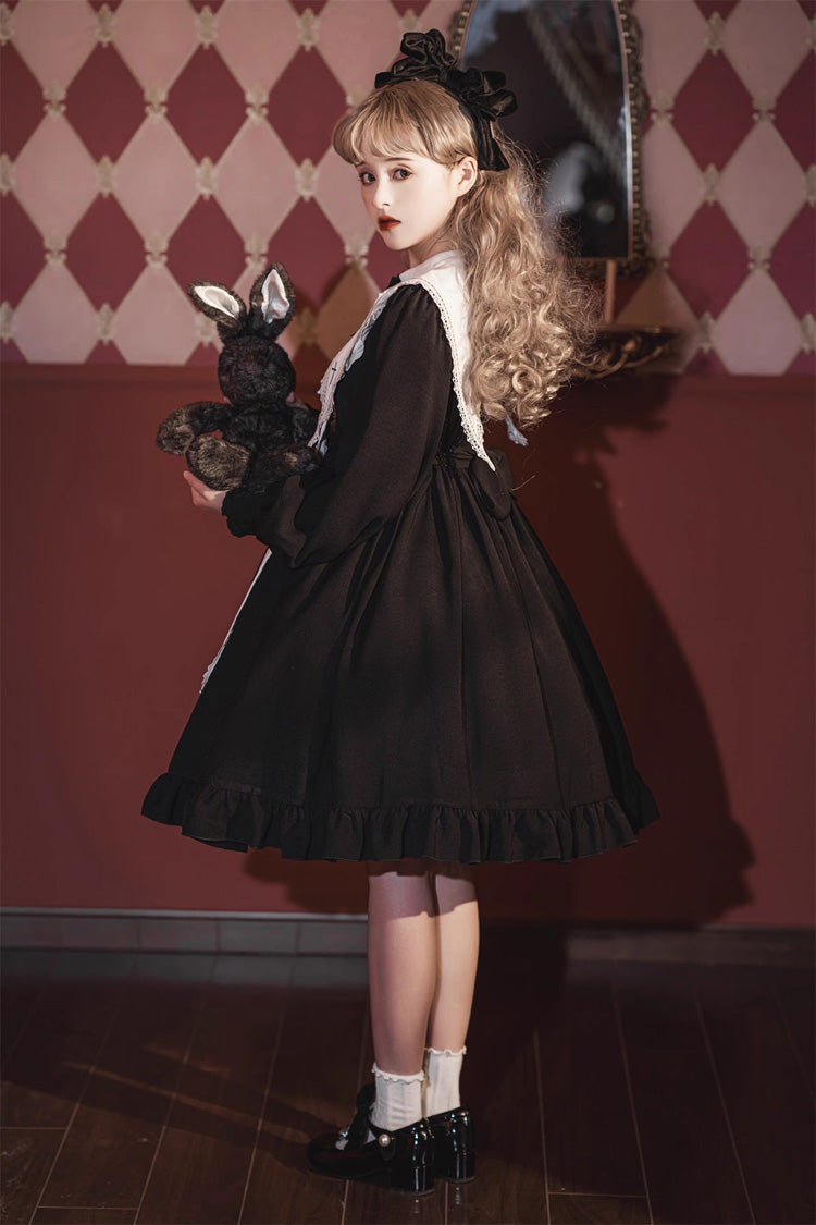 Elegant Nun-Inspired Gothic Dress with Ruffled Bow and Lace, Long Sleeves