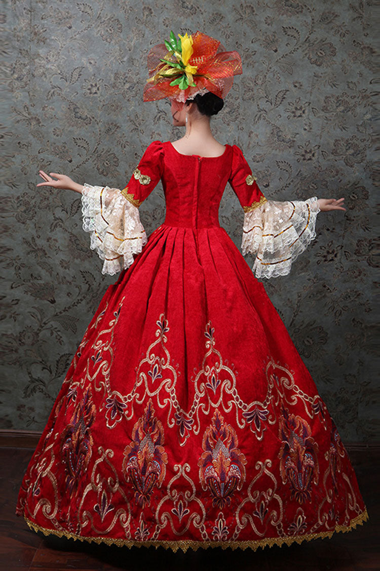 Crimson Victorian Prom Dress with Layered Sleeves and Embroidery