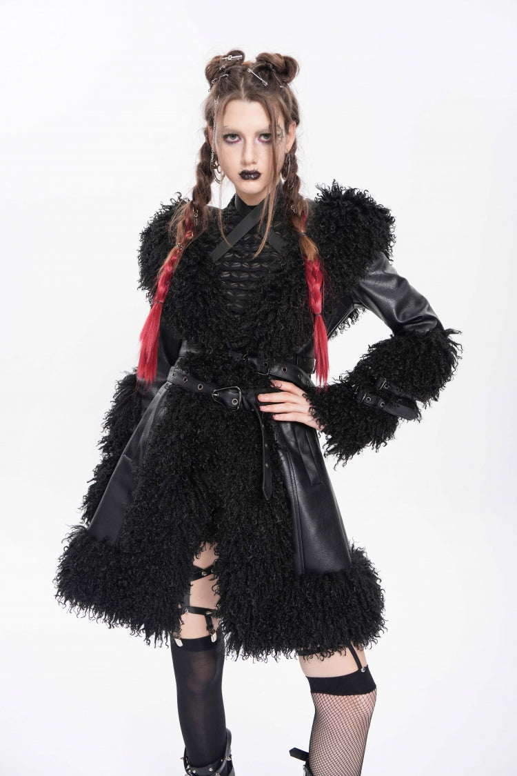 Women's Punk Coat with Plush Stitching, Buckle Straps and Hood, Long Sleeve