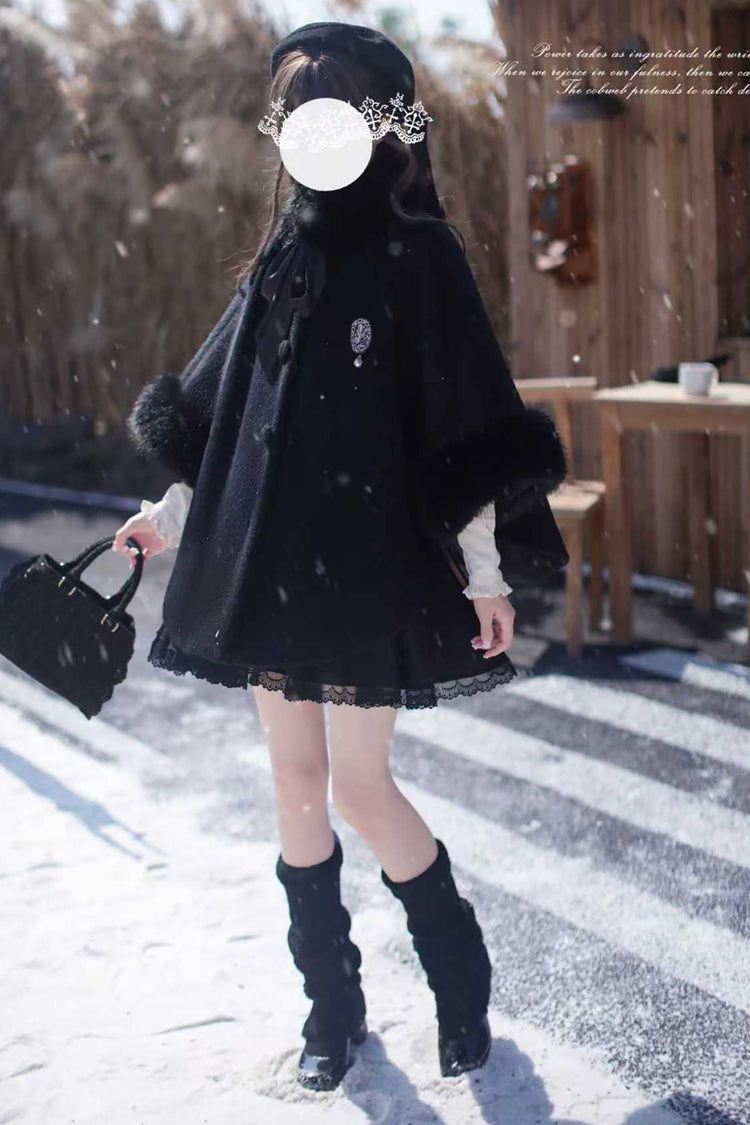 Japanese Lolita Fluffy Cloak Coat with Lace and Extended Sleeves