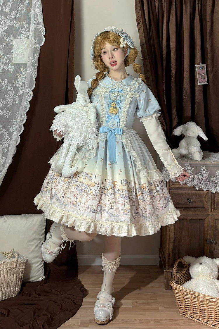 Lapel Collar Short Sleeve Printed Ruffled Bow Sweet Dress - Angel Lamb