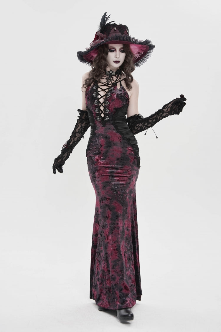 Crimson & Noir Halter Neck Printed Hanayome Lace-Up Fitted Pleated Gothic JSK Dress