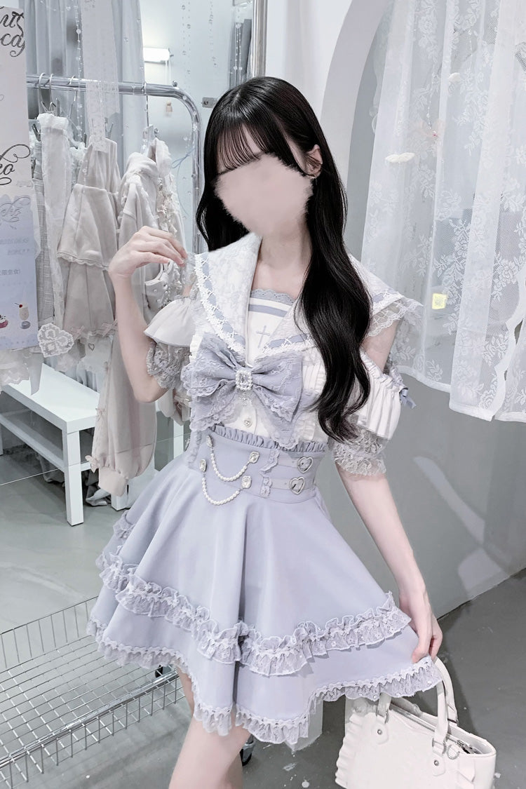 Apprentice Witch Off Shoulder Navy Collar Short Sleeves Ruffled Bow Lace Pearl Detail Classic Jirai Kei Japanese Skirt Set