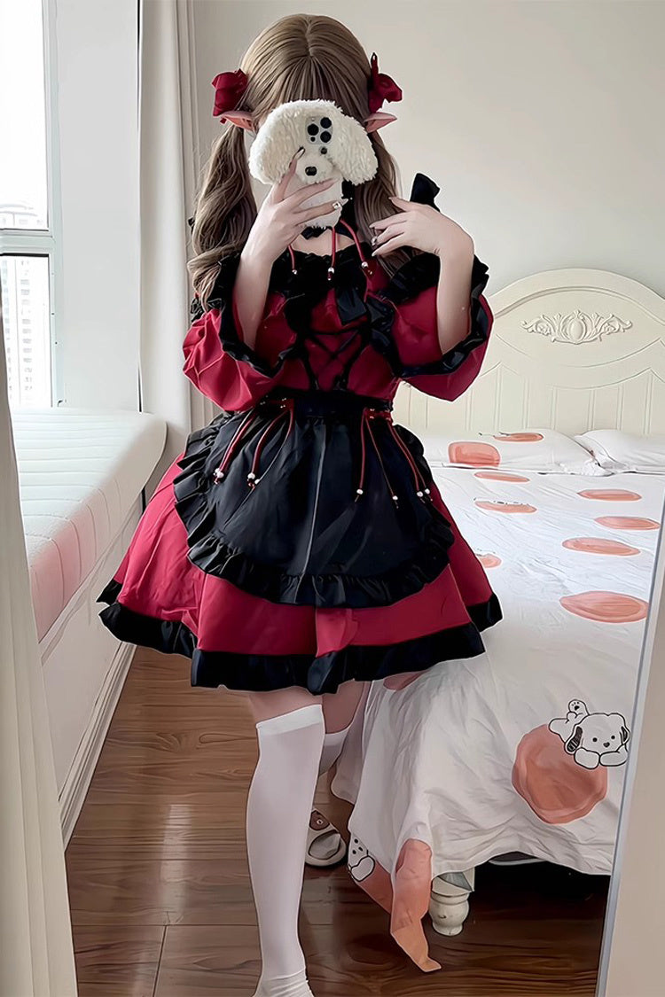 Crimson & Noir Maid Long Sleeve Ruffled Bow Gothic Lolita Full Outfit