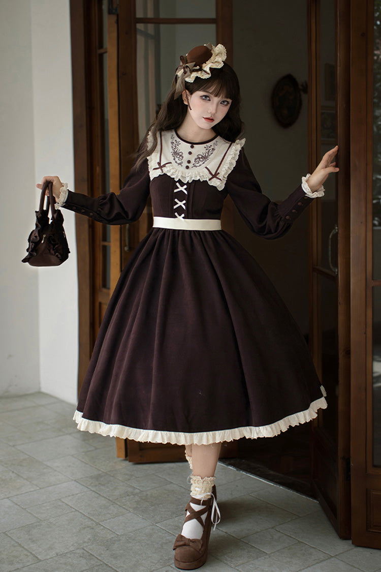 Chocolate Long Sleeve Embroidered Bouquet Ruffle Lolita Dress - Miss Brown