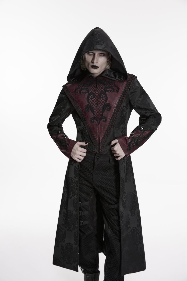 Crimson Noir Jacquard Hooded Embroidered Spliced Long-Sleeve Men's Punk Jacket