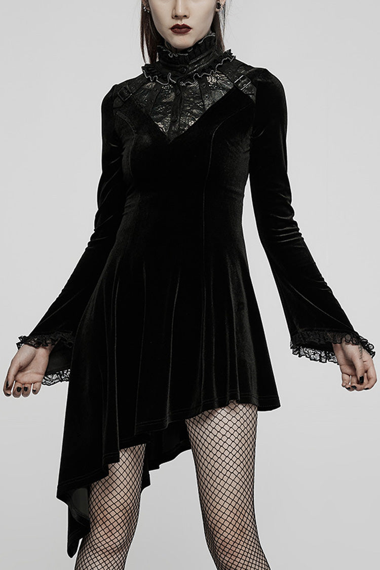 Flared Bell Sleeve Lace Patch Asymmetrical Gothic Gown - 2 Colors