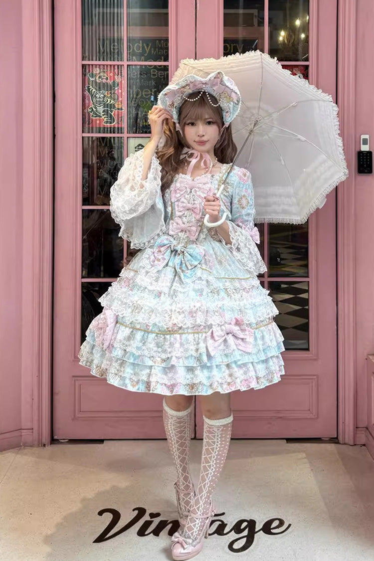Long Flared Sleeves Multi-Ruffle Bow Lace Elegant Gown - Candlelight Elegance