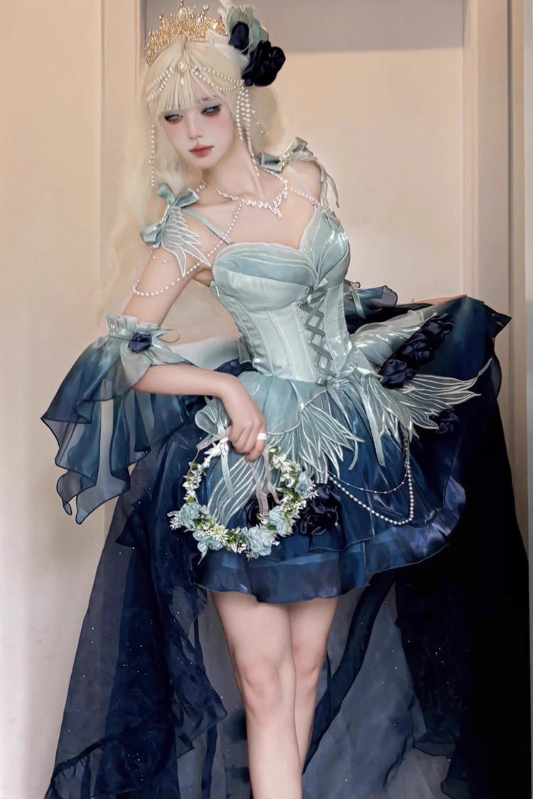 Swan Wonderland Embroidery Lace-Up Ballet Lolita JSK Dress in Blue