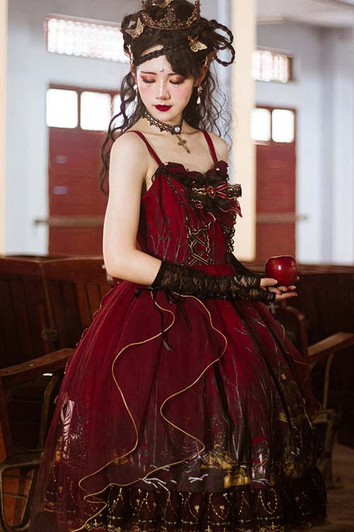 Burgundy Sheer Gothic JSK with Forest Print