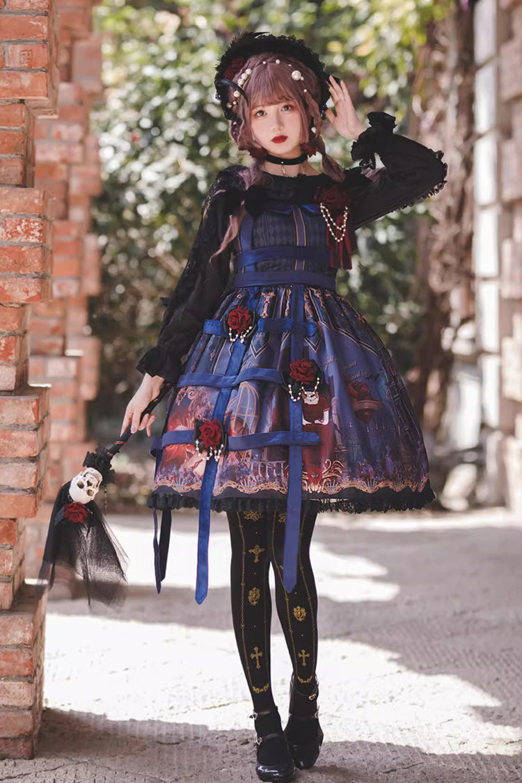 Punk Lolita JSK Dress with Church Print and Ruffles - Midnight Magic - Triple Hue