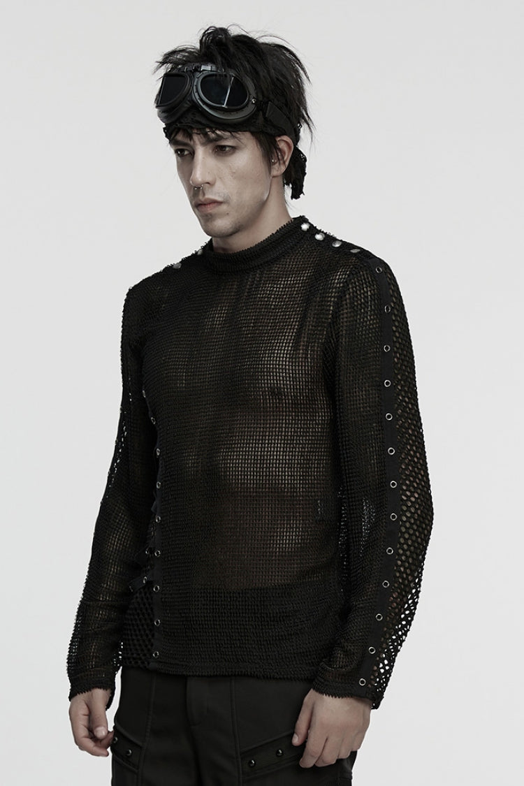 Punk Eyelet Mesh Tee for Men with Extended Sleeves
