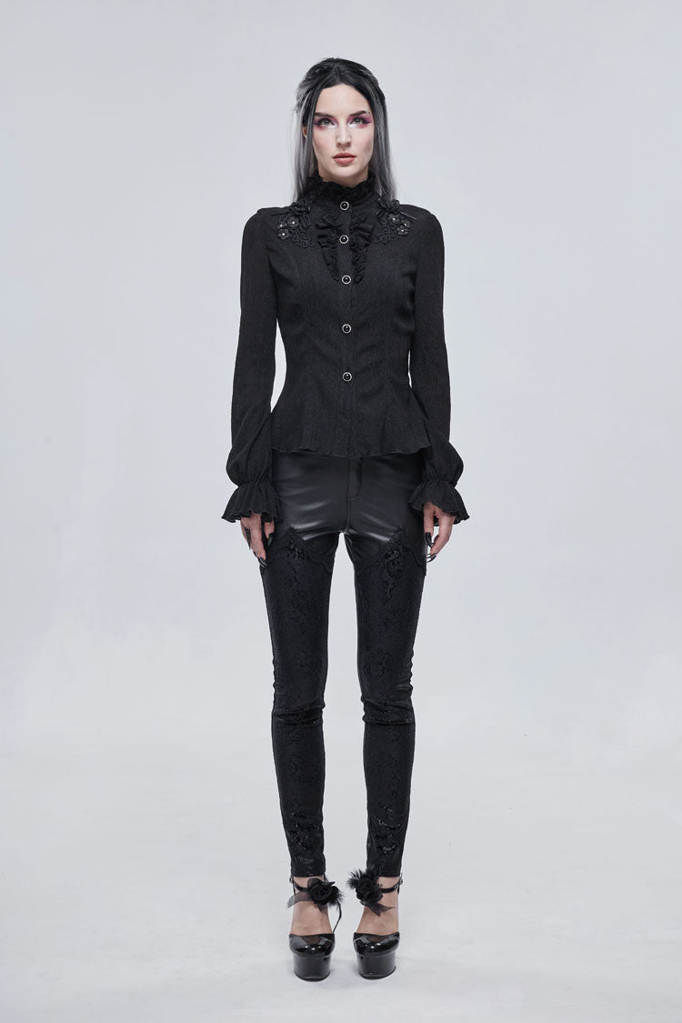 Gothic Shirt with High Neck Lantern Sleeves and Embroidered Details