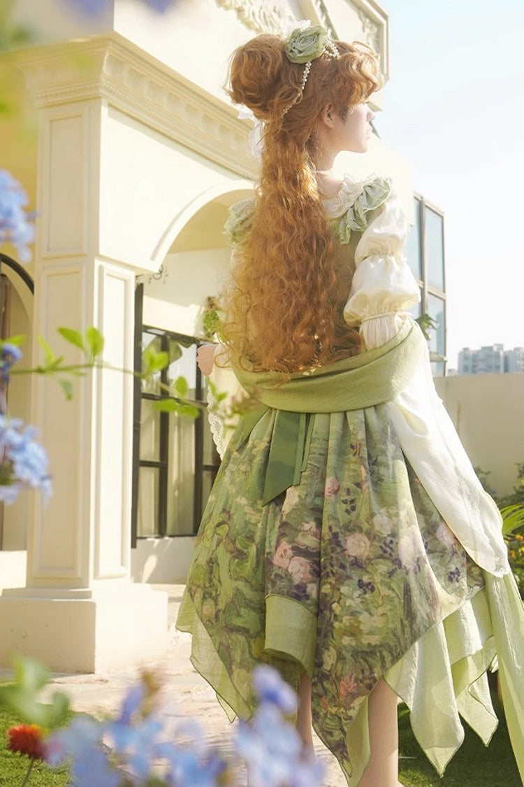 Emerald Blooming Roses Oil Painting Chiffon Ruffle Bow Irregular Sweet Lolita Jumper