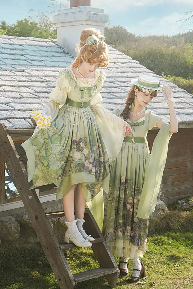 Emerald Blooming Roses Oil Painting Chiffon Short Sleeve Ruffle Bow Sweet Lolita Gown