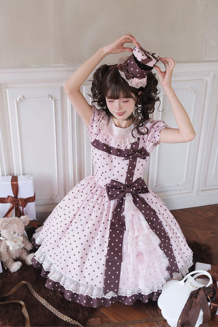 Canelé Gift Box Round Collar Short-Sleeve Polka Dot Ruffle Open Bow Asymmetric Lolita Dress