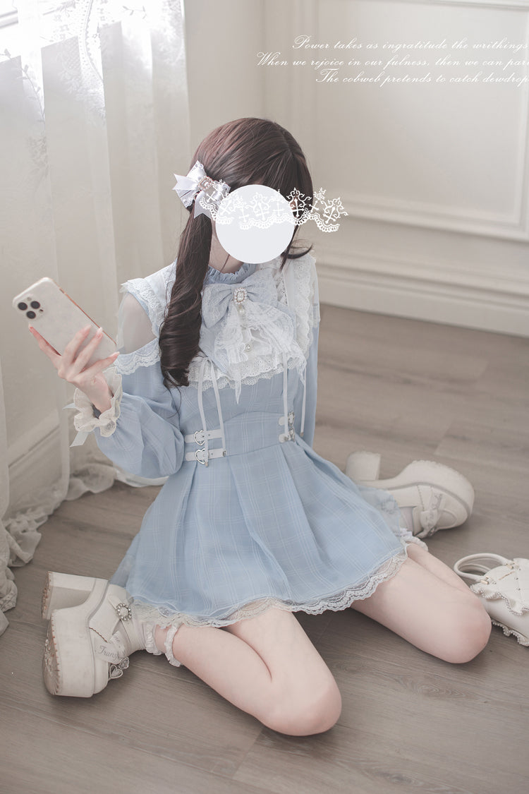 Angel Heartbeat Bowknot Lace Sweet Jirai Kei Japanese Dress with Long Sleeves