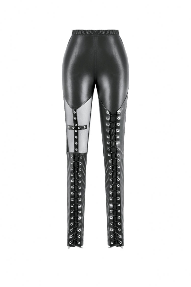 Women's Gothic Punk Pants with Sheer Mesh, PU and Cross Lace-Up Design