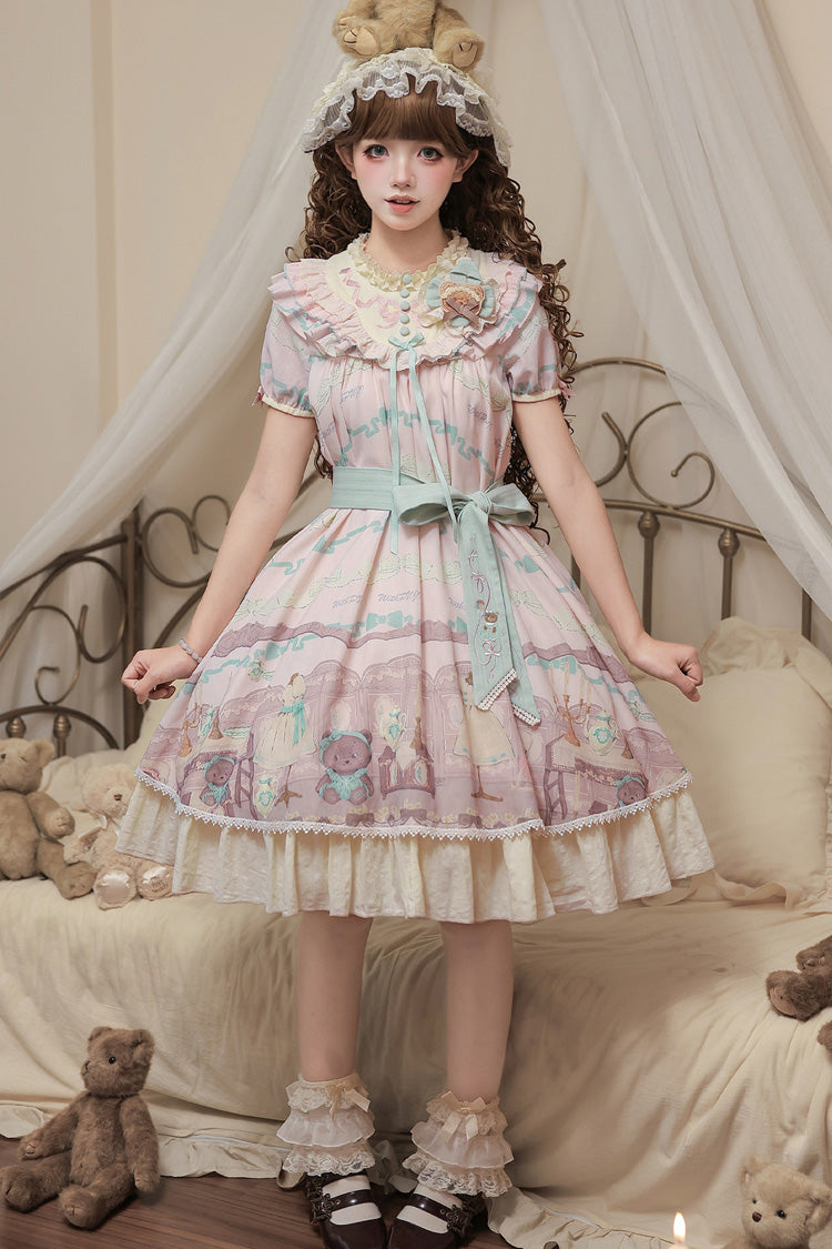Rose Bear Print Bow Sweet Lolita Dress Set with Ruffled Short Sleeves