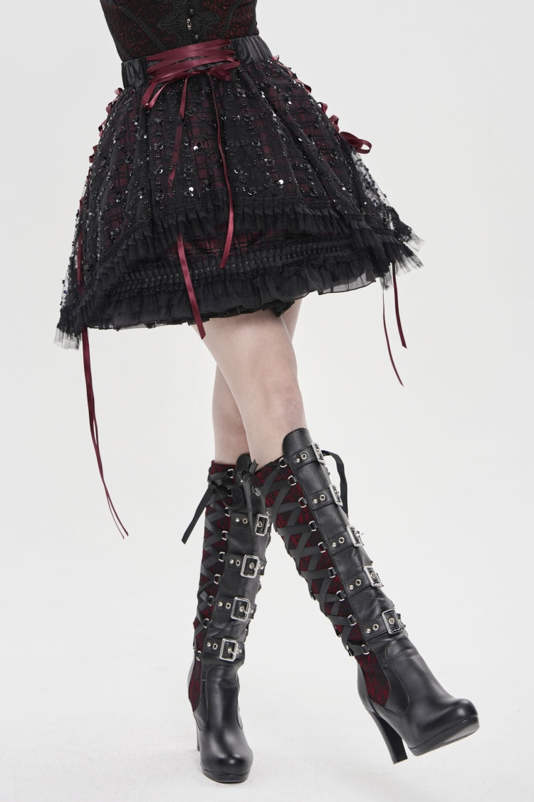 Crimson & Noir Multi-Layer Lace-Up Gothic Skirt