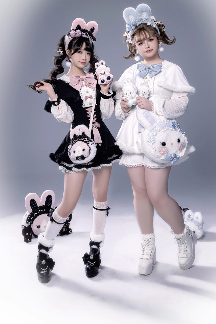 Jirai Kei Long-Sleeve Lace-Up Set with Ruffle Bow and Plush Shorts, Japanese Style