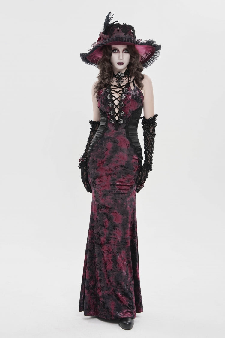 Crimson & Noir Halter Neck Printed Hanayome Lace-Up Fitted Pleated Gothic JSK Dress