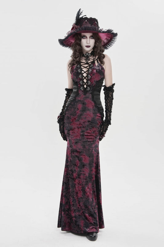 Crimson & Noir Halter Neck Printed Hanayome Lace-Up Fitted Pleated Gothic JSK Dress