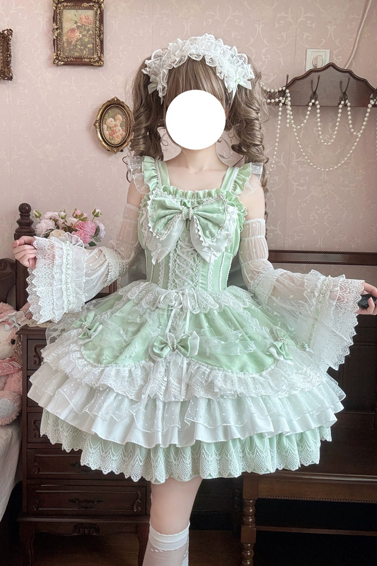 Emerald Sleeveless Triple Ruffle Embroidered Bow Pearl Lace-Up Plus Size Lolita JSK