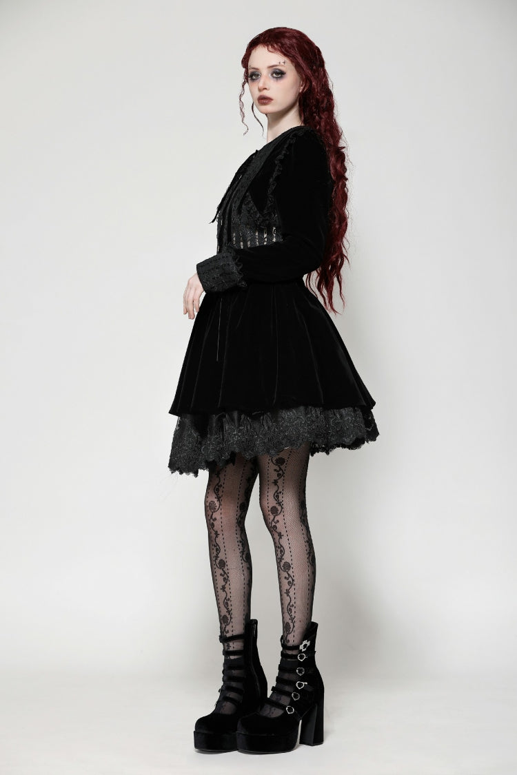 Gothic Velvet Short Dress with Lace Trim and Extended Sleeves